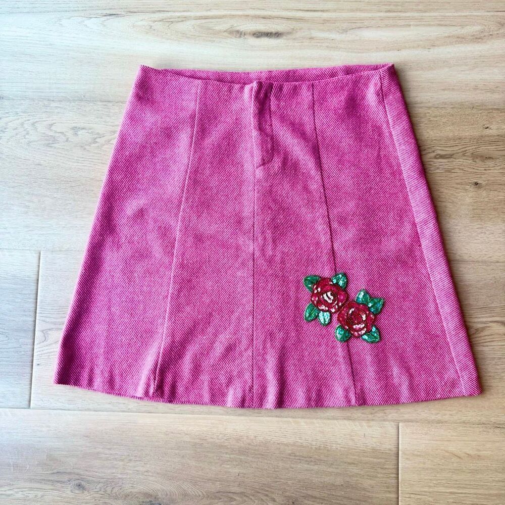 Vintage Betsey Johnson Pink Sequin Rose A-Line Mini Skirt Y2K Coquette Size 4